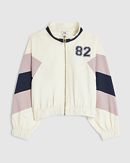Girls Cream Blocked Funnel Bomber Jacket