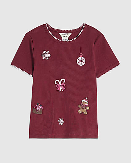Mini Girls Red Rib Sequin Icon T-Shirt