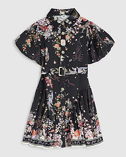Girls Black Floral Puff Short Sleeve Dress