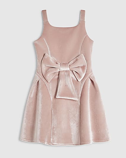 Girls Pink Velvet Bow Skater Dress