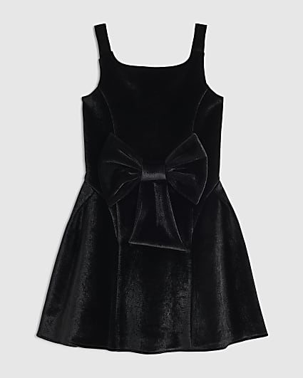 Girls Black Velvet Bow Skater Dress