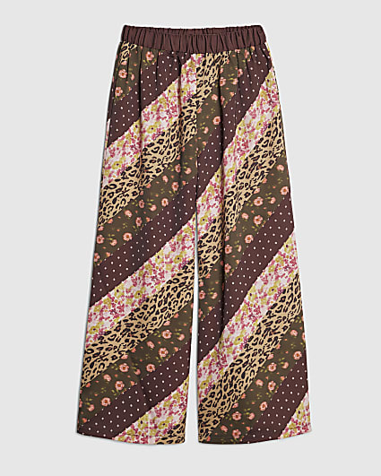 Girls Brown Leopard Print Satin Trousers