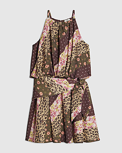 Girls Brown Halter Neck Leopard Print Dress