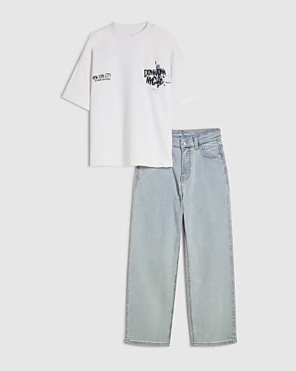 Boys White New York T-Shirt And Jeans Set