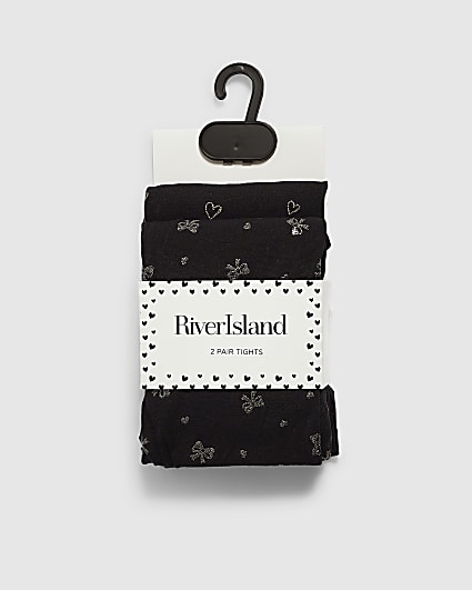 Mini Girls Black Glitter Bow Pack Of 2 Tights