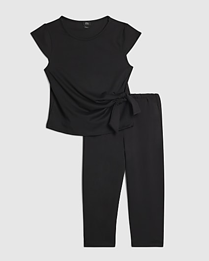 Girls Black Tie Side Capri Top Set