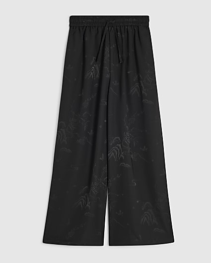 Girls Black Floral Jacquard Wide Leg Trousers