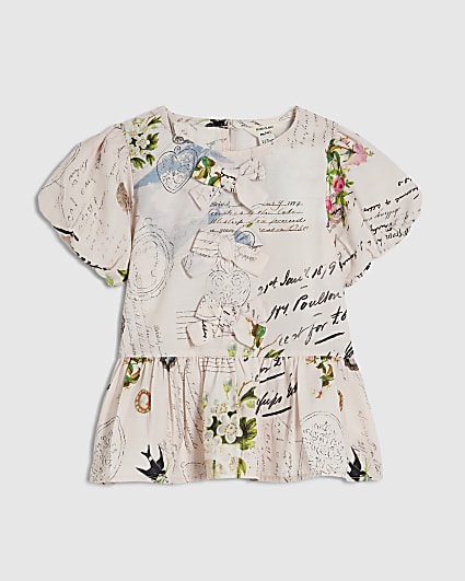 Mini Girls Pink Floral Puff Sleeve Blouse