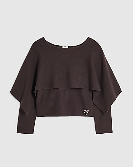 Girls Brown Long Sleeve 2-In-1 Cape Jumper