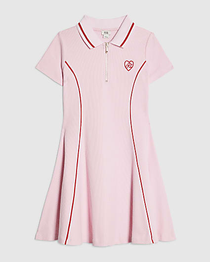 Girls Pink Ribbed Collar Dress