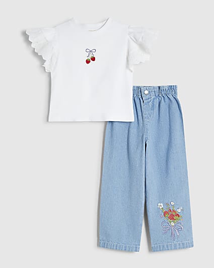 Mini Girls White Broderie Top And Jeans Set