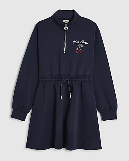 Girls Navy Premium Funnel Neck Dress