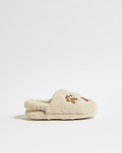 Girls Cream Christmas Print Slippers