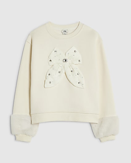 Girls Cream 3D Bow Fur Cuff Sweatshirt
