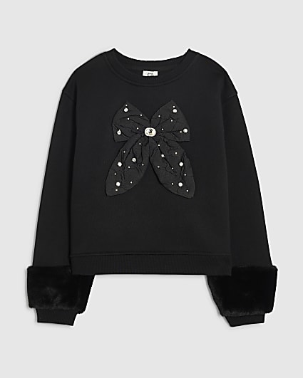 Girls Black 3D Bow Fur Cuff Sweatshirt