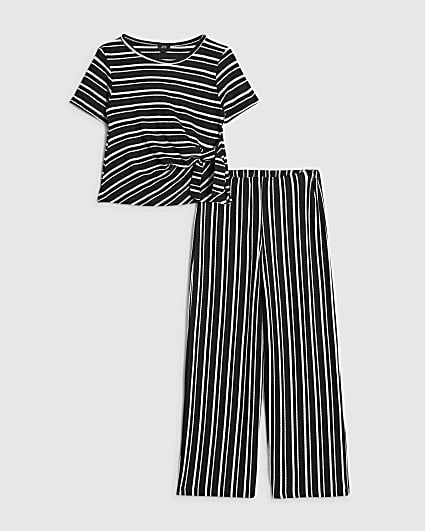 Girls Black Stripe T-Shirt and Trouser Set