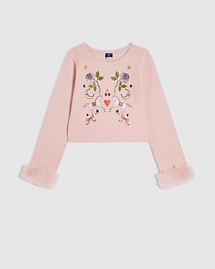 Girls Pink Faux Fur Cuff Icon Top