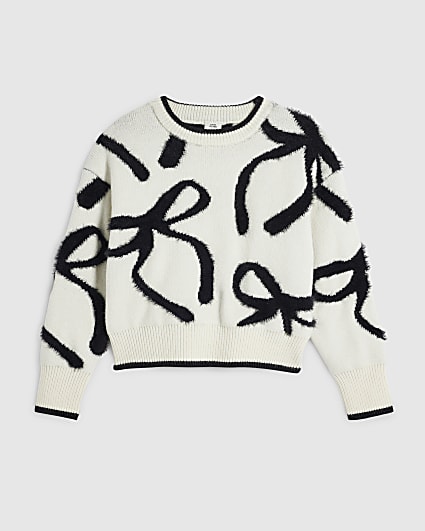 Girls White Fluffy Bow Jumper