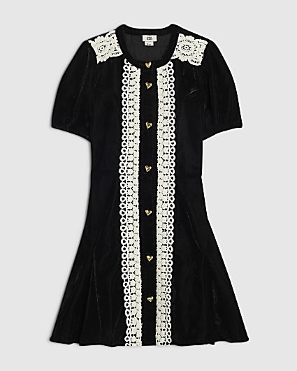 Girls Black Velvet Lace Godet Dress