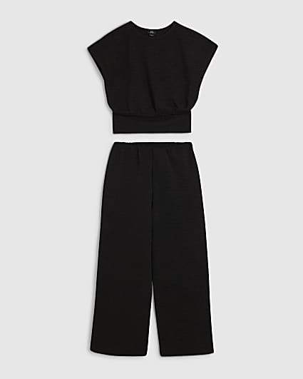 Girls Black Textured Cinched Trouser Set