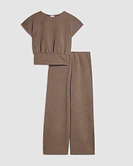 Girls Beige Cinched Top And Trousers Set