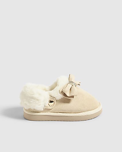Mini Girls Beige Diamante Slippers