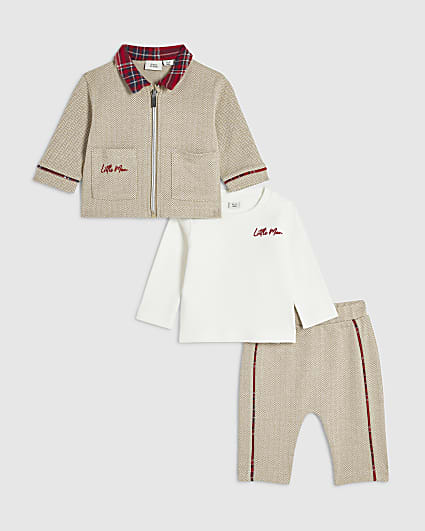 Baby Boys Beige Herringbone 3 Piece Set