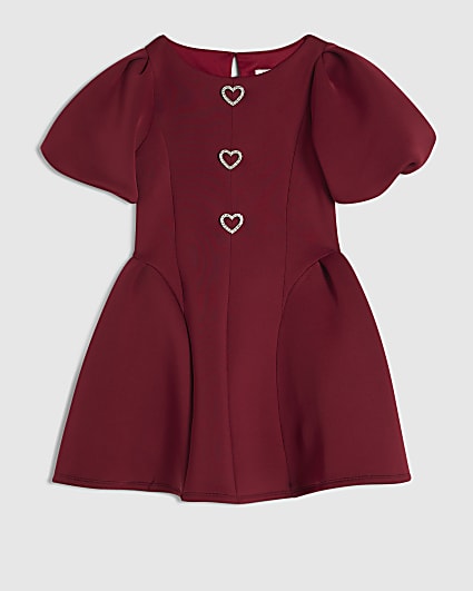 Girls Burgundy Premium Puff Sleeve Dress
