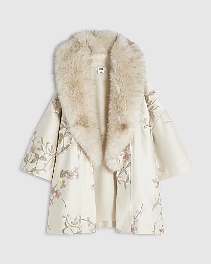 Girls Cream Floral Faux Fur Kimono