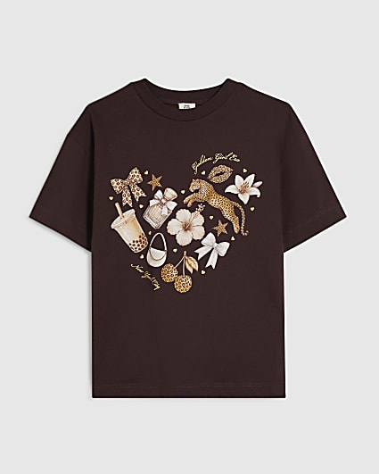 Girls Brown Leopard Boba Icon Heart T-Shirt