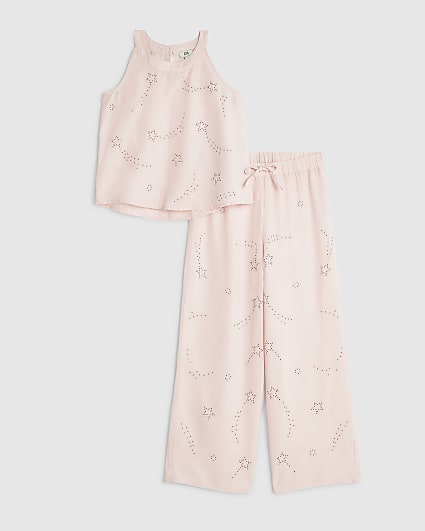 Girls Pink Embellished Satin Trousers Set