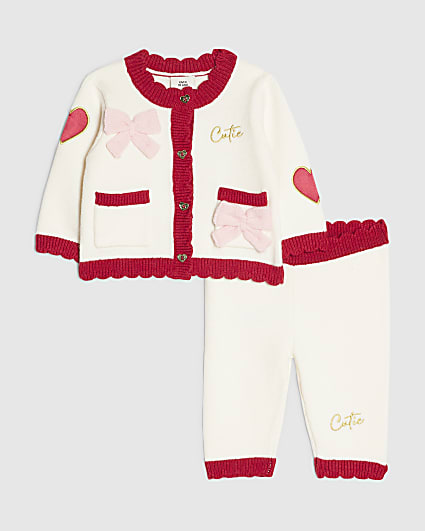 Baby Girls Cream Heart And Bow Cardigan Set