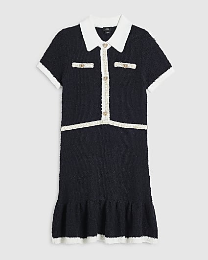 Girls Navy Boucle Knit Dress