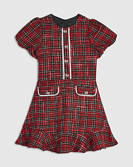 Girls Red Puff Sleeve Boucle Dress
