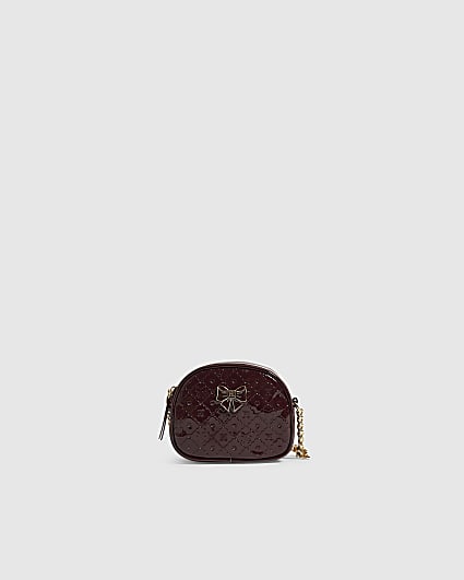 Girls Burgundy Patent Monogram Crossbody Bag