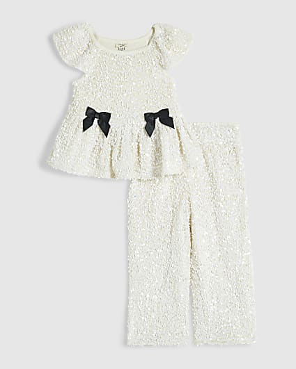 Mini Girls Cream Sequin Bow Peplum Set