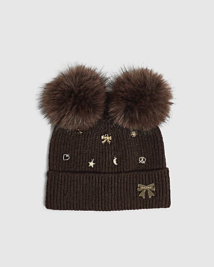 Girls Brown Multi Charm Beanie