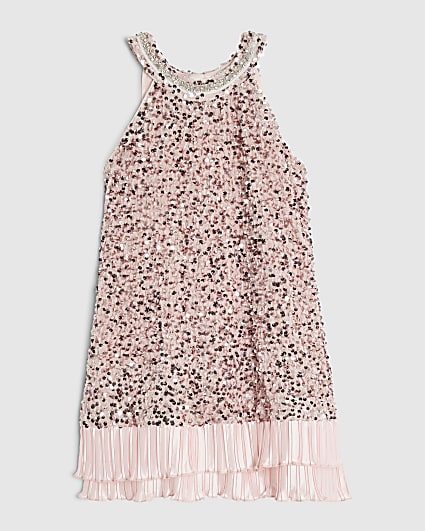 Girls Pink Halter Neck Sequin Dress