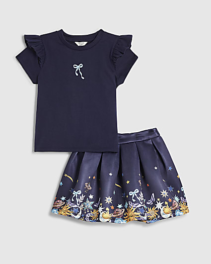 Mini Girls Navy Star T-Shirt & Skirt Set