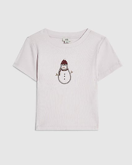 Girls Pink Diamante Snowman T-Shirt