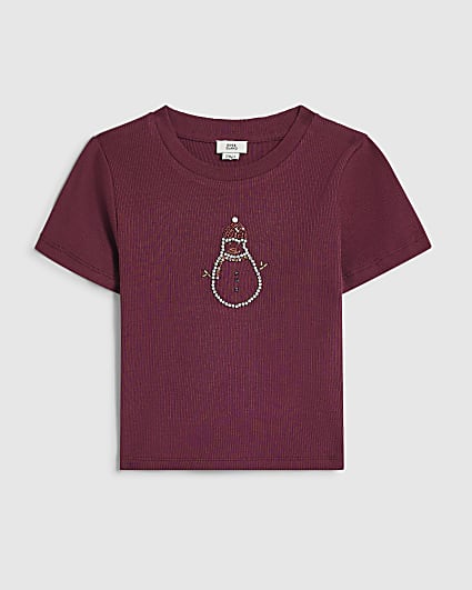 Girls Burgundy Snowman Diamante T-Shirt