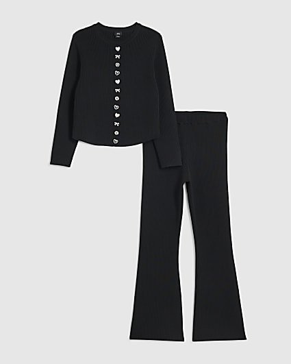 Girls Black Multi Button Top And Leggings Set
