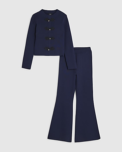 Girls Navy Knit Frogging Top Set