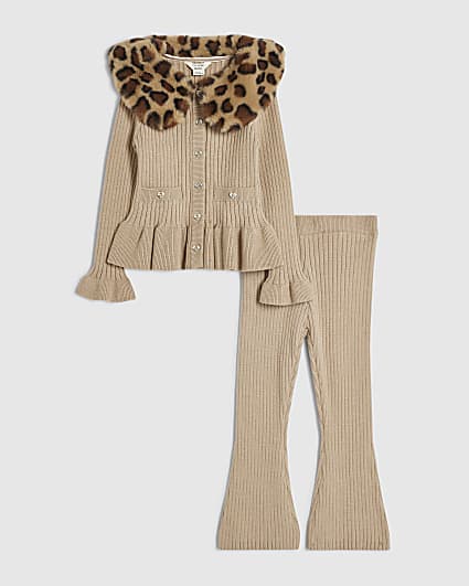 Mini Girls Beige Leopard Print Fur Collar Set