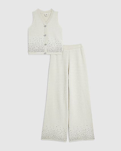 Girls Cream Ribbed Knit Vest And Trousers Set