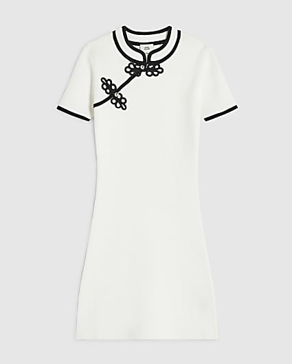 Girls Cream Ribbed Frogging Dress