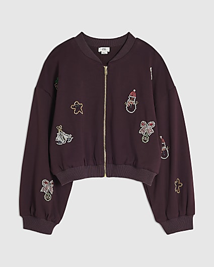 Girls Brown Embellished Christmas Sweatshirt