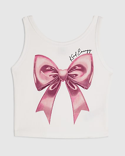 Girls White Pink Bow Tank Top