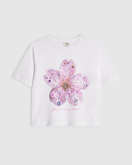 Girls White Embellished Flower Crop Top