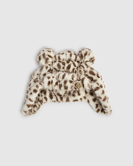 Mini Girls Cream Snow Leopard Fur Trapper Hat